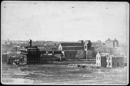 View of Santa Fe from Fort Marcy. St. Francis Cathedral in center. circa 1887. Image: Palace of Governors Photo Archives