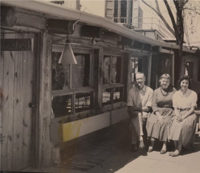 Thornton, Polly and Connie outside The Shed. 1953. Photo: Carswell Family Archive