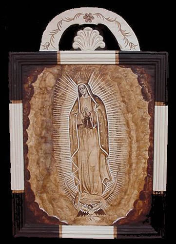 Rey Montez: N.S de Guadalupe. Painting on wood.