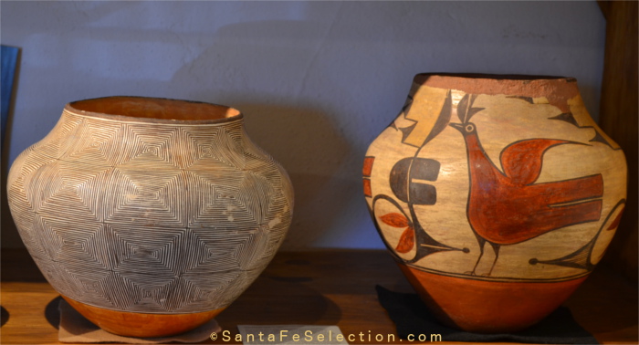 Two pots at Lyn A. Fox Gallery: left is an Acoma fine line jar by Lucy Lewis, c. 1950; right is a Zia 4-color water jar with rim wear from pueblo home use, attributed to Harviana Toribio, c. 1920