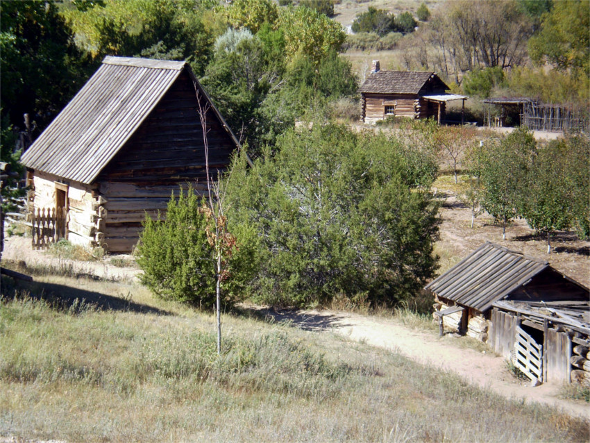 A few of the wooden buildings that are part of the living history exhibit.