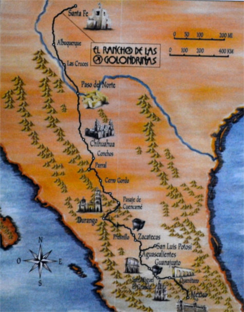 El Camino Real Map showing Las Golondrinas and the original capitol of New Spain - San Juan Pueblo (Ohkay Owingeh).